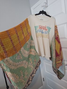 Upcycled Soul Full of Sunshine Graphic Top with Boho Patchwork Kimono Sleeves